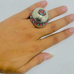 Vintage Handmade Tibetan Coral Ring: Kuchi Afghan Tribal Jewelry